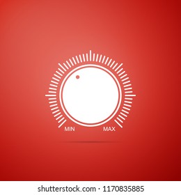 Dial Knob Level Technology Settings Icon Isolated On Red Background. Volume Button, Sound Control, Music Knob With Number Scale, Analog Regulator. Flat Design. Vector Illustration