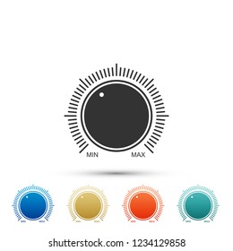 Dial Knob Level Technology Settings Icon Isolated On White Background. Volume Button, Sound Control, Music Knob With Number Scale, Analog Regulator. Colored Icons. Flat Design. Vector Illustration