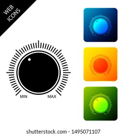 Dial knob level technology settings icon isolated. Volume button, sound control, music knob with number scale, analog regulator. Set icons colorful square buttons. Vector Illustration