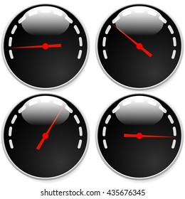 Dial, meter templates with red need and units set at 4 stages, levels. Generic indicator, measurement icons without text. Progression, low-high, acceleration concepts.