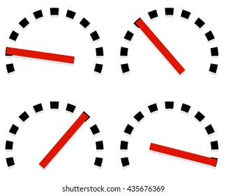 Dial, meter templates with red need and units set at 4 stages, levels. Generic indicator, measurement icons without text. Progression, low-high, acceleration concepts.