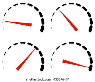 Dial, meter templates with red need and units set at 4 stages, levels. Generic indicator, measurement icons without text. Progression, low-high, acceleration concepts.