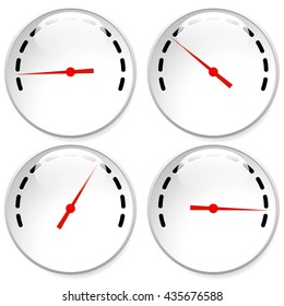 Dial, meter templates with red need and units set at 4 stages, levels. Generic indicator, measurement icons without text. Progression, low-high, acceleration concepts.
