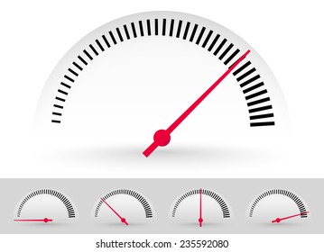 Dial, meter templates with red needle at 5 stages. Measurement, acceleration or generic level indicator. (eps 10 vector with transparency) svg