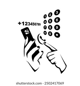 Dial number. Businessman holds smartphone in hands. Dialing numbers. Here can be your template for advertising and promotion. Vector illustration flat design. Display with button and finger on a call.