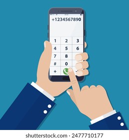 Dial number concept. Businessman touching buttons with numbers on the mobile phone screen to make a phone call.