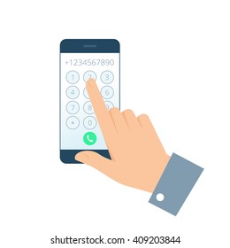 Dial Number Concept. Flat Illustration Of Smartphone And Hand. Businessman Touching Buttons With Numbers On The Mobile Phone Screen To Make A Phone Call. Vector Infographic Element For Web, Print.