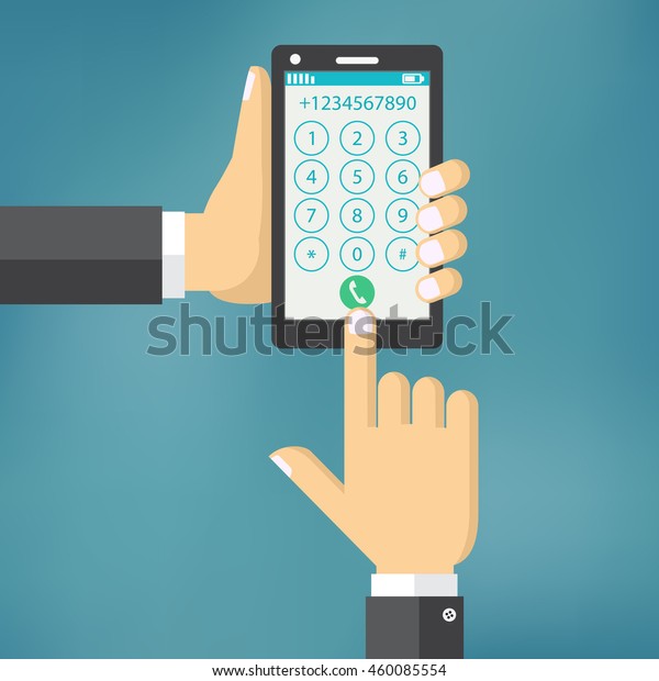ダイヤル番号のコンセプト スマートフォンと手のイラスト 電話をかけるために 携帯電話の画面に数字のボタンをタッチする実業家 のベクター画像素材 ロイヤリティフリー