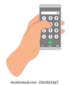 Dial number concept. User interface keypad for smartphone. Man holding the phone with buttons on the mobile phone screen to make a phone call Keyboard template in touchscreen device. Vector 
