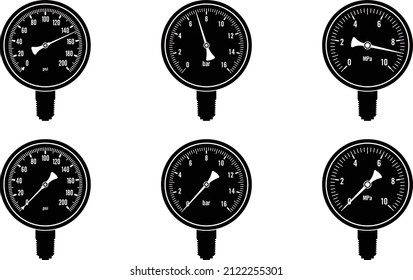 Dial pressure gauges. Silhouette vector