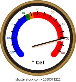 Dial round scale Thermometer showing high temperature summer extreme hot heat wave vector illustration