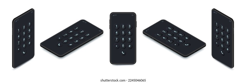 Pantalla de marcación en smartphone, teléfonos negros isométricos. Teclado de pantalla móvil realista con plantilla de números y letras. Mochila de la interfaz negra del teclado del dispositivo de pantalla táctil del vector. Diseño de parodias telefónicas