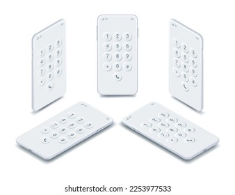 Pantalla de marcado en smartphone, teléfonos blancos isométricos. Teclado de pantalla móvil realista con plantilla de números y letras. Mochila de la interfaz blanca del teclado del dispositivo de pantalla táctil del vector. Diseño de parodias telefónicas