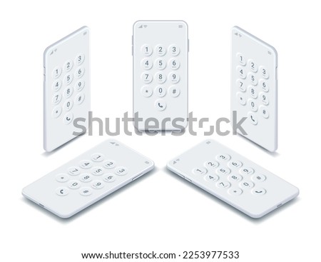 Dial screen on smartphone, white phones isometric set. Realistic mobile screen keypad with numbers and letters template. Vector touchscreen device keypad white interface mockup. Phone mock up design