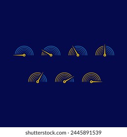 dial set on dark blue background. seven step half speedometer. speed dial for sports, business, education, technology world