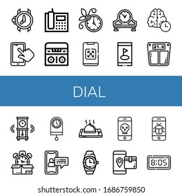 dial simple icons set. Contains such icons as Wristwatch, Smartphone, Telephone, Radio, Wall clock, Table clock, Time, Bathroom scale, Clock, can be used for web, mobile and logo