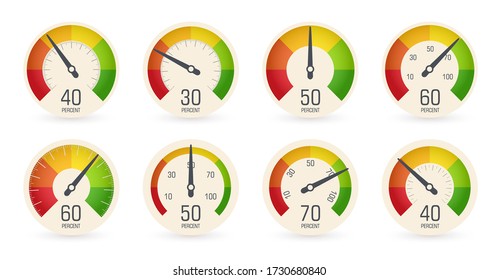 Dial speedometers, barometers logo set. Round scale, speed, weight, power, percentage indicators collection. Fuel, petrol gauge, car dashboard icon. Isolated business performance vector iillustration.