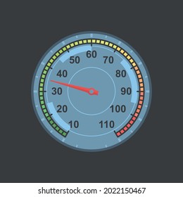 Dial with temperature readings from 0 to 110. Digital and temperature scale from green to red. Vector illustration of a round thermometer for measuring temperature readings.