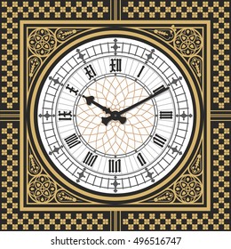 Dial Victorian clock in the style of Big Ben. Vector editable template