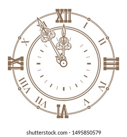 Dial of a vintage watch with curly hands. Watch dial. Silhouetted of an ancient clock with Roman numerals. Vector illustration