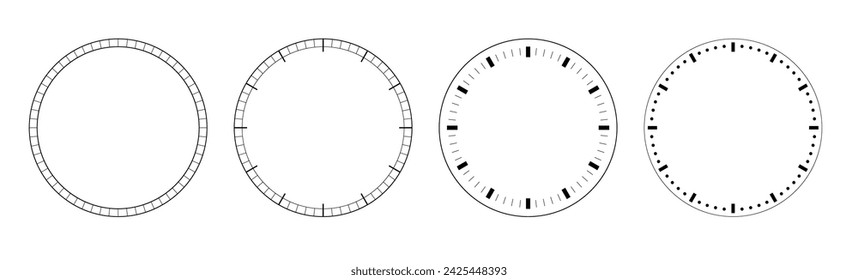 Dial de plantilla de reloj. Círculos de esferas de reloj para el tiempo. Plantilla de relojes analógicos, termómetro grado o medición de peso