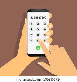 Marcando un número. Teléfono en la mano. Diseño plano.