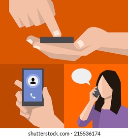 Dialling, Calling And Talking On The Mobile Phone. Hand Holding Smart Phone In Modern Flat Style Design.