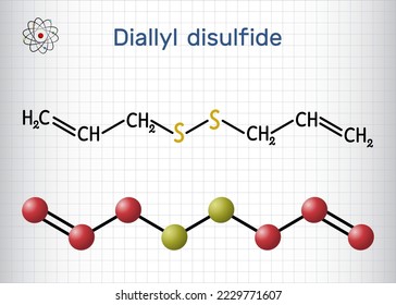 Diallyldisulfid, DADS-Molekül. Es ist organisches Disulfid, das in Knoblauch vorkommt. Strukturelle chemische Formel, Molekül-Modell. Blatt Papier in einem Käfig. Vektorgrafik