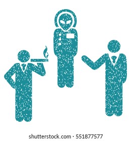 Dialog With Alien grainy textured icon for overlay watermark stamps. Flat symbol with dust texture. Dotted vector soft blue ink rubber seal stamp with grunge design on a white background.
