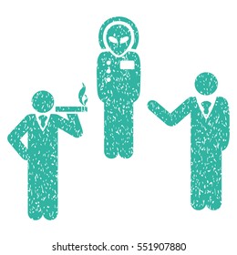 Dialog With Alien grainy textured icon for overlay watermark stamps. Flat symbol with dirty texture. Dotted vector cyan ink rubber seal stamp with grunge design on a white background.