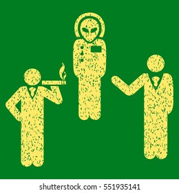 Dialog With Alien grainy textured icon for overlay watermark stamps. Flat symbol with dust texture. Dotted vector yellow ink rubber seal stamp with grunge design on a green background.