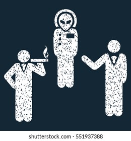Dialog With Alien grainy textured icon for overlay watermark stamps. Flat symbol with scratched texture. Dotted vector white ink rubber seal stamp with grunge design on a dark blue background.
