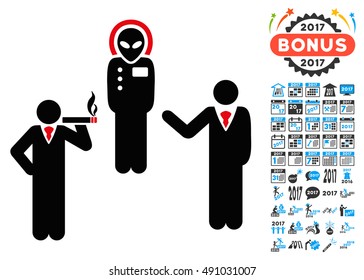 Dialog With Alien icon with 2017 year bonus vector pictographs. Design style is flat symbols, white background.