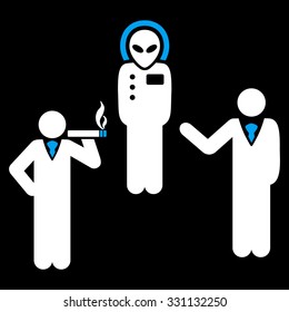 Dialog With Alien vector icon. Style is flat bicolor blue and white symbol, rounded angles, black background.