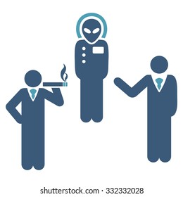 Dialog With Alien vector icon. Style is flat bicolor cyan and blue symbol, rounded angles, white background.