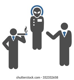 Dialog With Alien vector icon. Style is flat bicolor cobalt and gray symbol, rounded angles, white background.