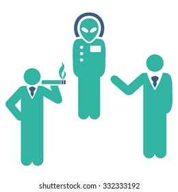 Dialog With Alien vector icon. Style is flat bicolor cobalt and cyan symbol, rounded angles, white background.