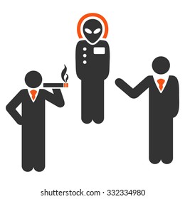 Dialog With Alien vector icon. Style is flat bicolor orange and gray symbol, rounded angles, white background.