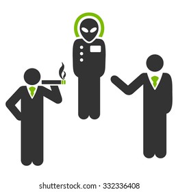 Dialog With Alien vector icon. Style is flat bicolor eco green and gray symbol, rounded angles, white background.