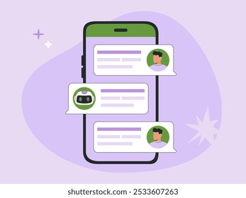 Dialog between Artificial Intelligent robot assistant and user, man chatting with AI chat bot, big smartphone and speech bubbles, FAQ concept. Flat vector illustration isolated on purple background