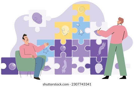 Dialog between male psychologist, psychoanalyst or psychotherapist and patient. Psychotherapy, psychotherapeutic aid for adults. Mental therapy session, correction of patients behavior and emotions