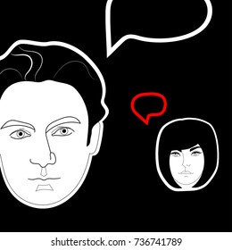 Dialog between a man and a woman. Red signal from woman. Black and white vector illustration.