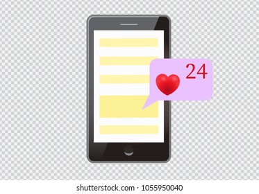 Dialog box in the mobile chat. Number of likes with love symbol. High resolution