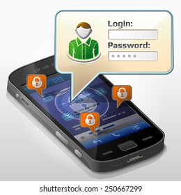 Dialog box pop up over screen of phone. Qualitative vector illustration about smartphone, sign in, mobile technology, authorization, identification, etc