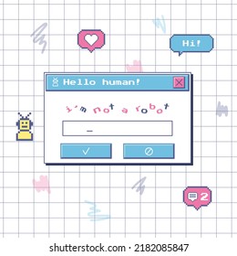 A dialog box with a robot check. A captcha window in style of an old computer. Nostalgic retro 90s user interface. Pixel stickers with icons. Vector illustration on a notebook sheet in a cage.