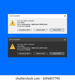 Dialog box with a virus scan completed message. It says the year 2020 is infected with Coronavirus aka COVID-19 and provides three options for the consideration of user.