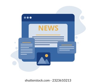 A dialog box with a web page on which the text of the news is placed. Access to current news via the Internet and the convenience of receiving information from various sources. Perfect vector graphics