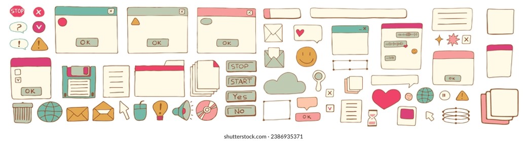 los cuadros de diálogo antiguos. Elementos retro de pc, interfaz de usuario, sistema operativo, ventanas, iconos de estilo retro moderno. conjunto vectorial de cuadros de diálogo de elementos ui de equipo antiguo. Ilustración de los años 90. Ilustración del vector