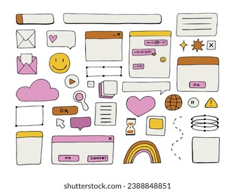 los cuadros de diálogo antiguos. Elementos retro de pc, interfaz de usuario, sistema operativo, ventanas, iconos de estilo retro moderno. conjunto vectorial de cuadros de diálogo de elementos ui de equipo antiguo. Ilustración de los años 90. Ilustración del vector