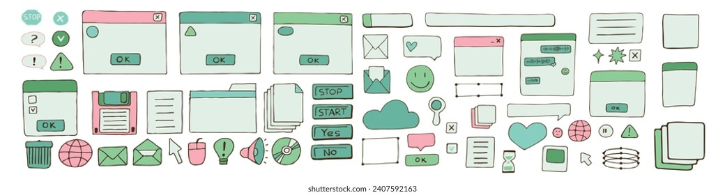 dialog boxes old. Retro pc elements, user interface, operating system, windows, icons in trendy retro style. old computer ui elements dialog boxes vector set. Illustration 90s. Vector illustration